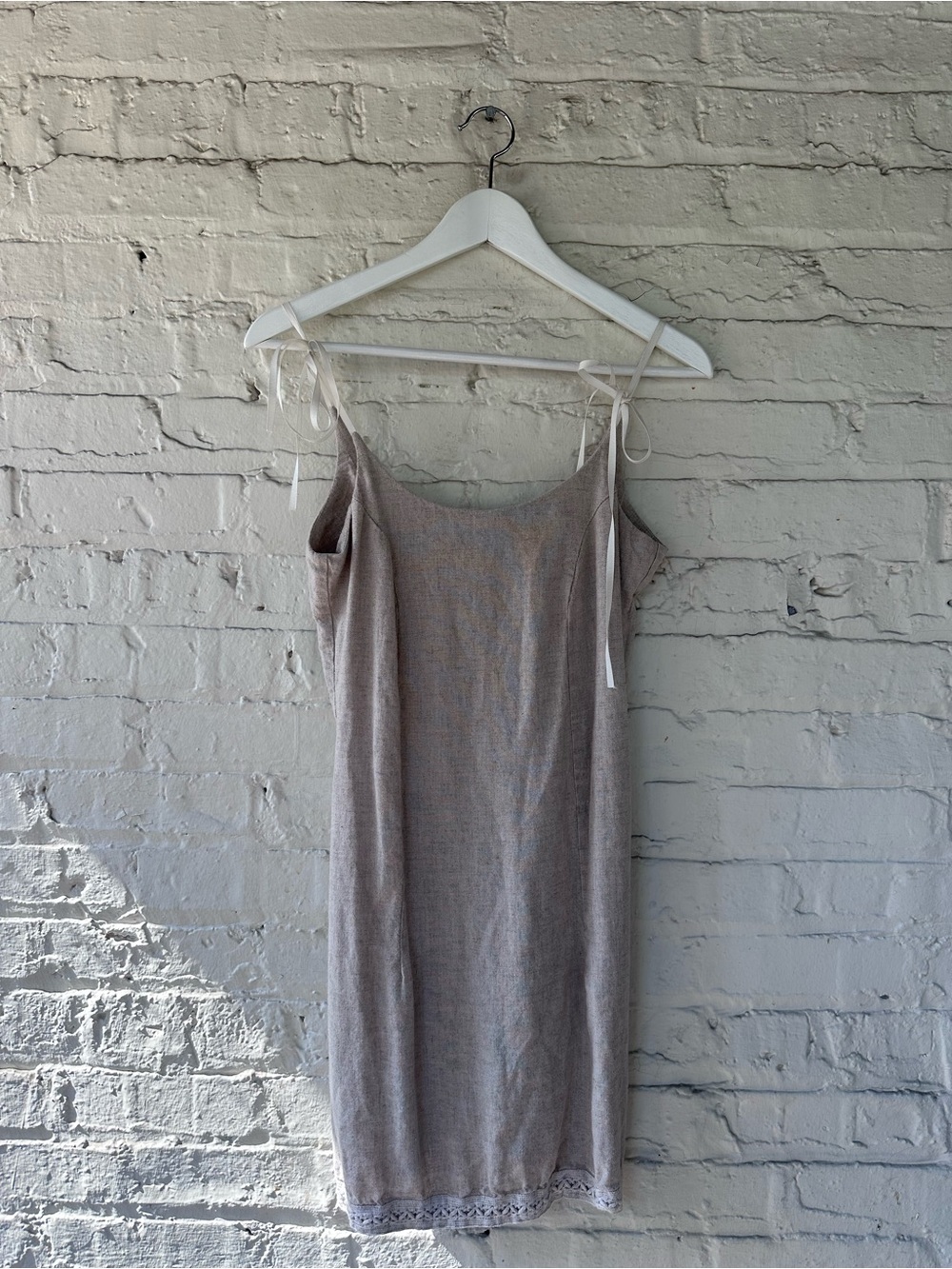 Vintage Linen/Rayon Spot Girl Tie-Shoulder Mini Dress with Embroidered Hem